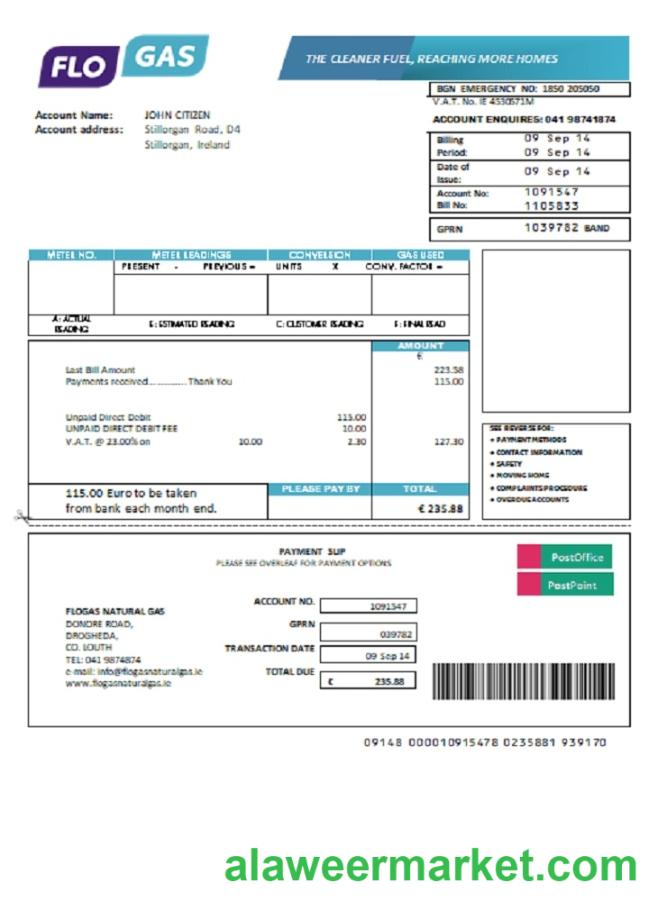Ireland Flogas Natural Gas utility bill
